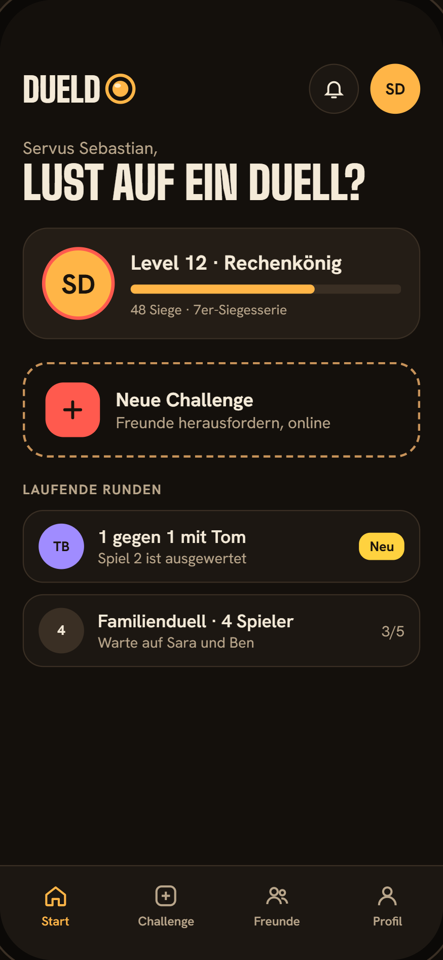 App-Entwurf: Startseite mit Profil, Level 12, 48 Siege, Knopf Neue Challenge und laufende Runden