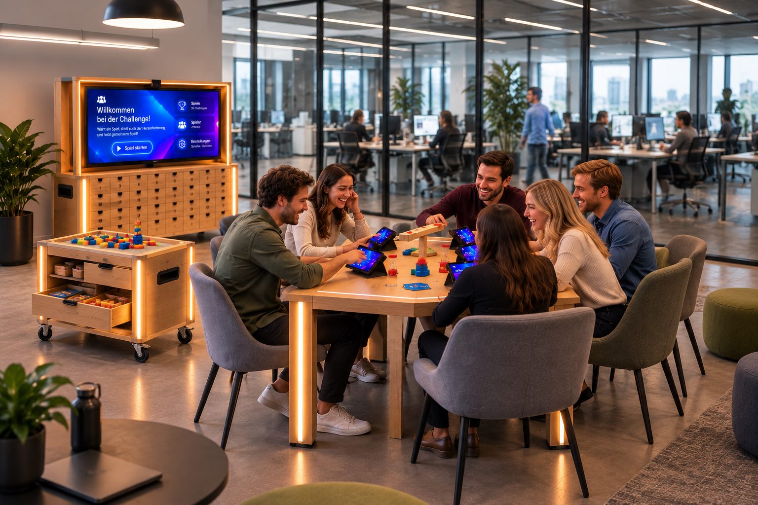 Open-plan office: colleagues play at the game table in the break area, with workstations behind glass in the background
