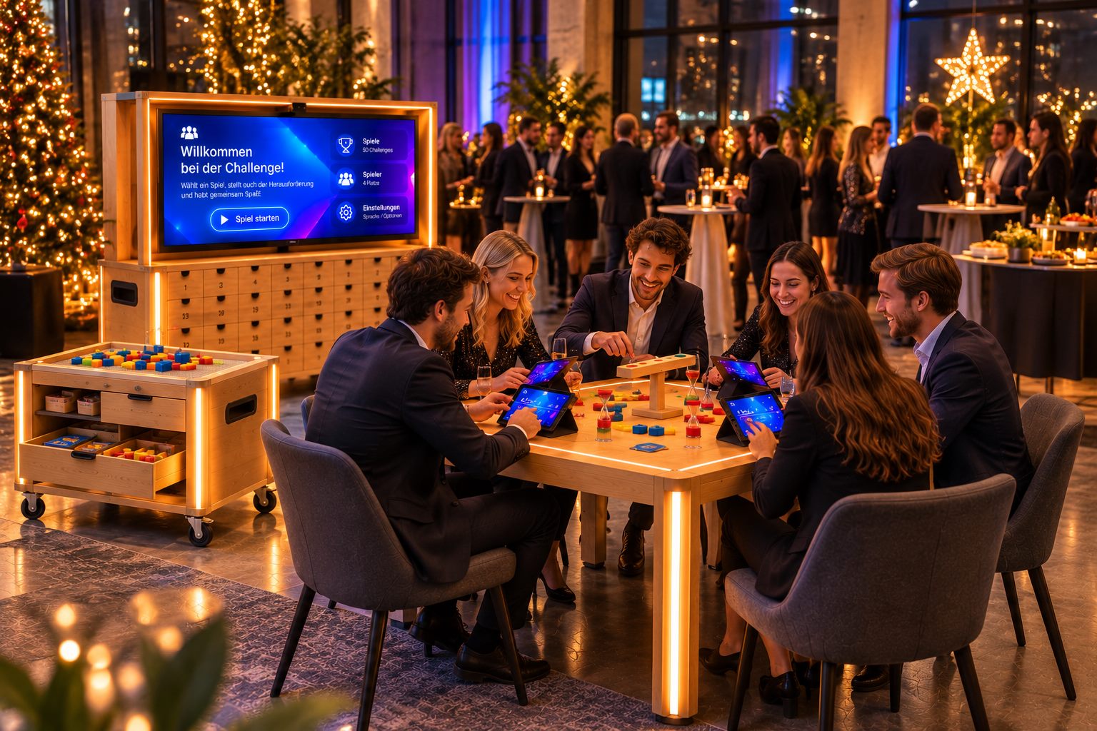 Company Christmas party: four guests in evening wear play at the lit-up game table, with a Christmas tree and bar tables in the background