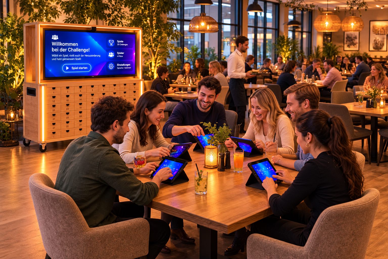 Restaurant: six friends play with tablets at the table, the game cabinet next to them