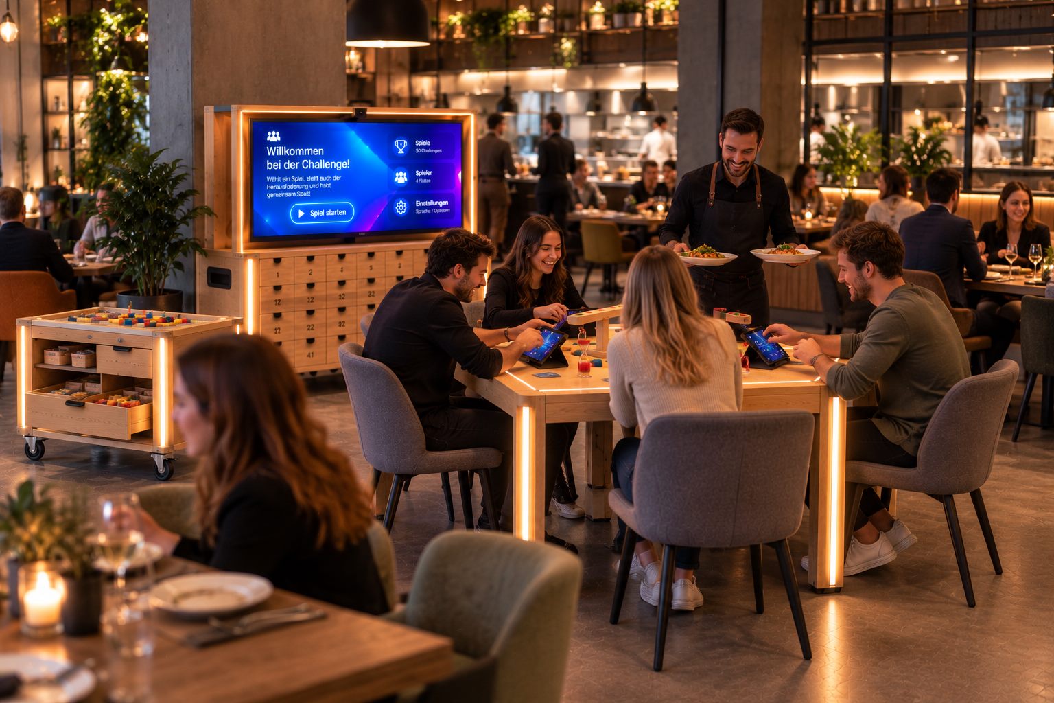 Restaurant: guests play at the game table while a waiter brings the food