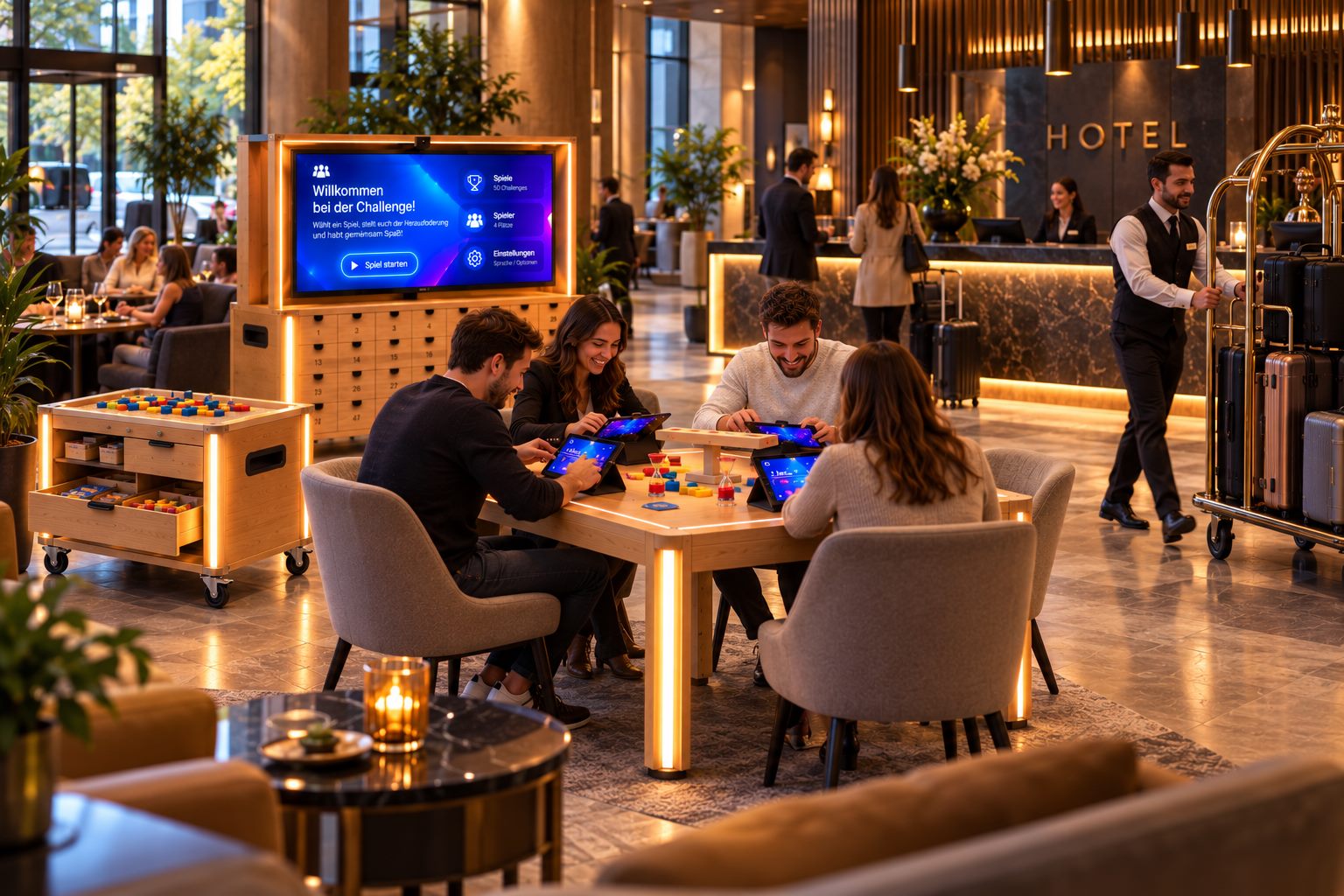 Hotel lobby: four guests play at the game table, with reception and a luggage trolley in the background