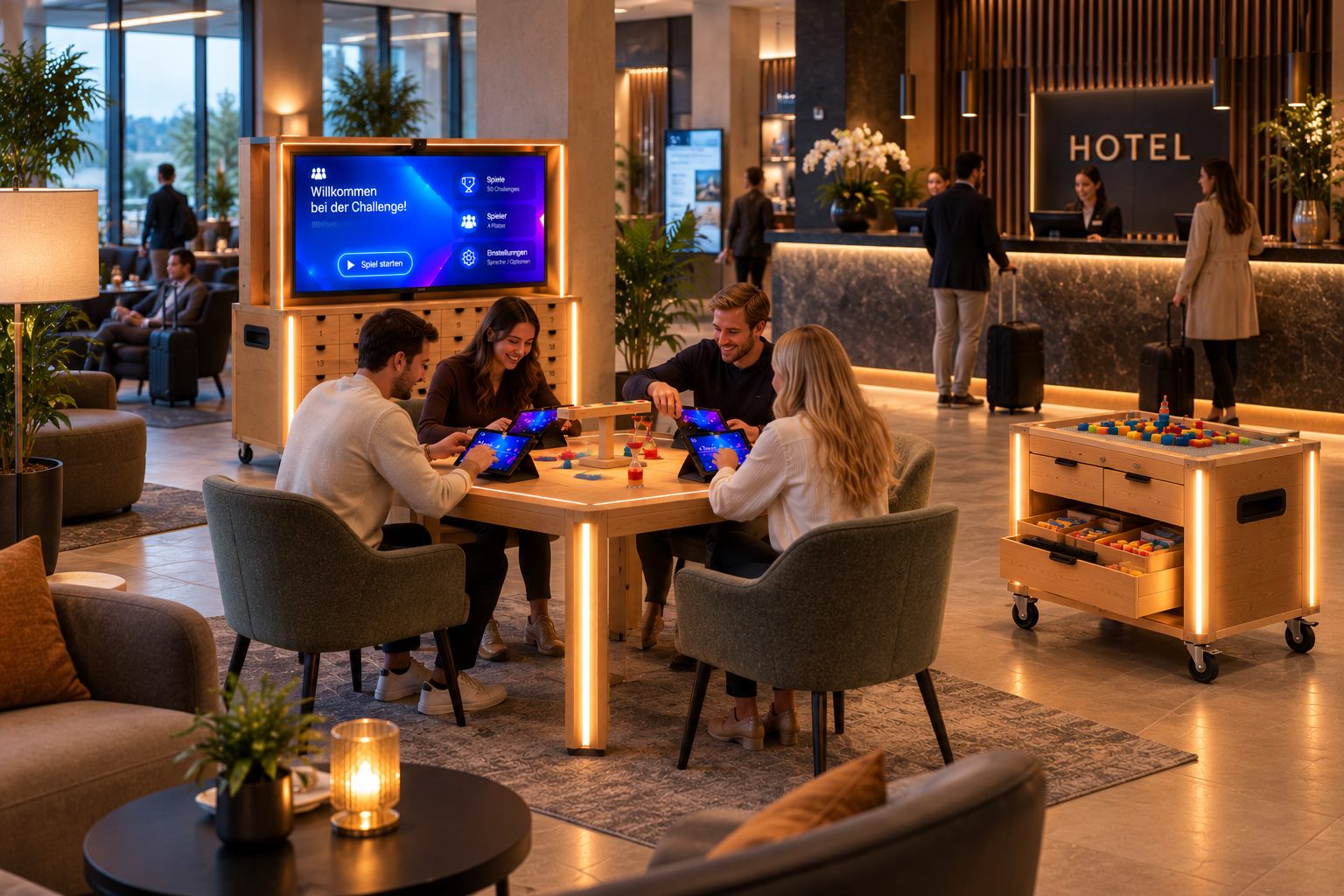 Lounge area of a hotel lobby with game cabinet, game table and side cart