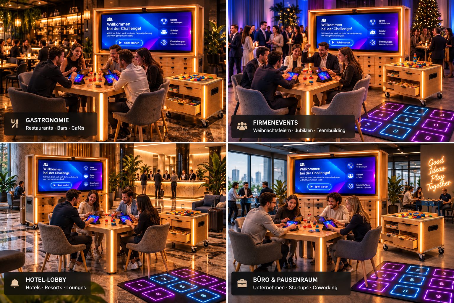 Four scenes with Dueldo: restaurant, company event, hotel lobby, and office and break room
