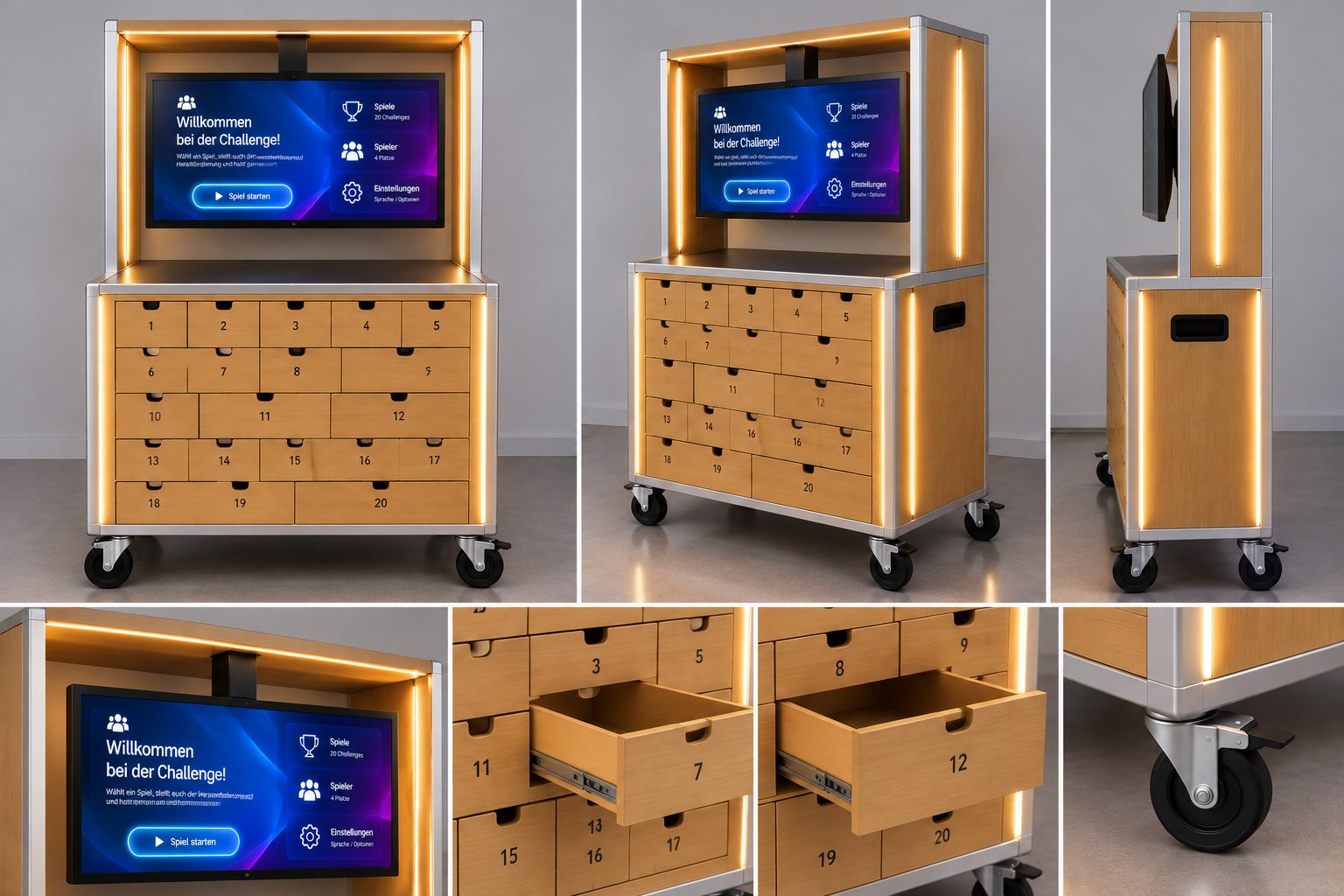 Kleiner Spielautomat aus mehreren Blickwinkeln mit geöffneten Schubladen und Rolle im Detail